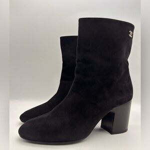 CHANEL Black Suede CC Calfskin Short Boots Made in Italy Size 38 Box Dustbags
